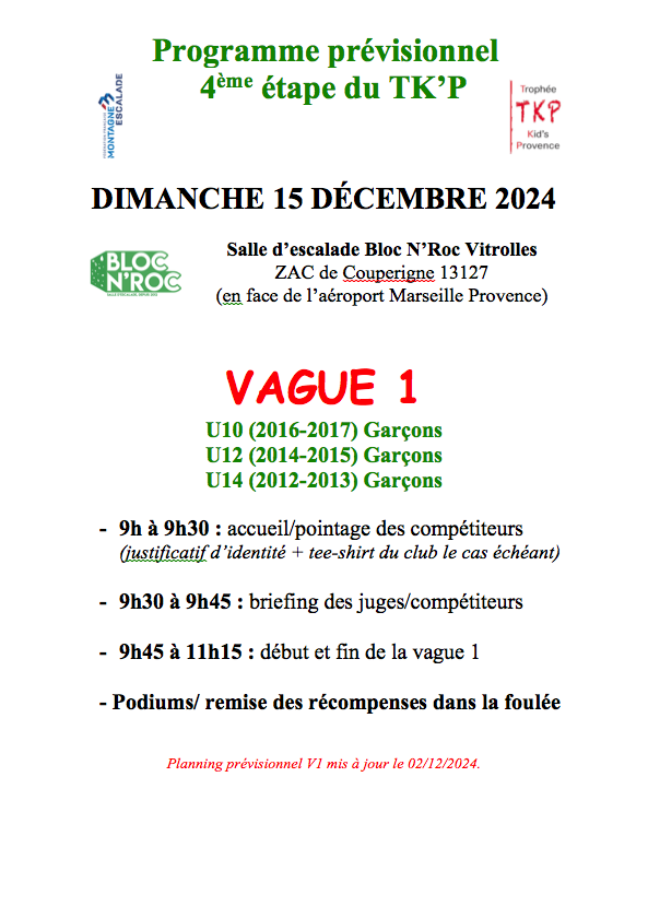 Programme Previsionnel Vague 1 Tkp Blocnroc Vitrolles Dimanche 15 Decembre 2024